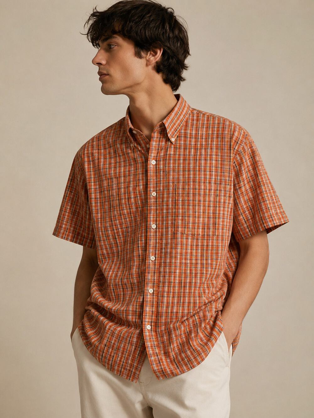LR3502 Van Heusen XL Orange Plaid Short Sleeve Button Front Shirt Cotton Blend